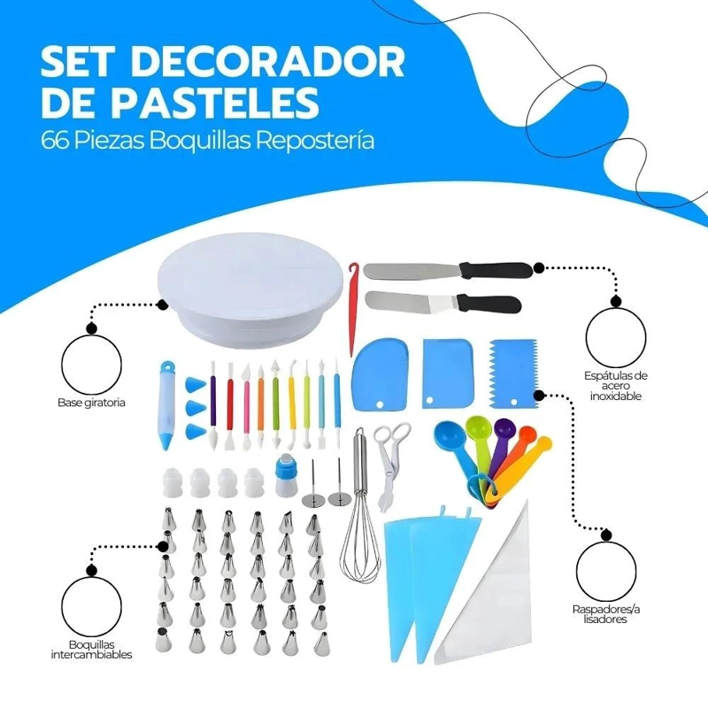 KIT COMPLETO DE 66 PIEZAS PARA DECORACION DE PASTELES CON BOQUILLAS VARIADAS - 3
