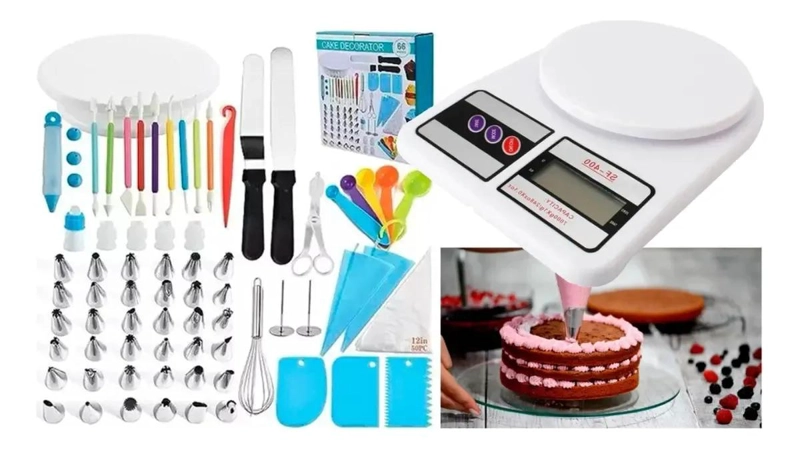 KIT COMPLETO PARA DECORACION DE PASTELES CON 66 PIEZAS Y PESA GRAMERA - 1
