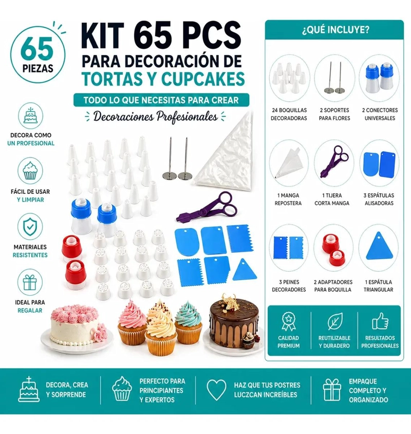 KIT COMPLETO DE REPOSTERIA CON 65 PIEZAS PARA DECORAR TORTAS Y CUPCAKES - 2