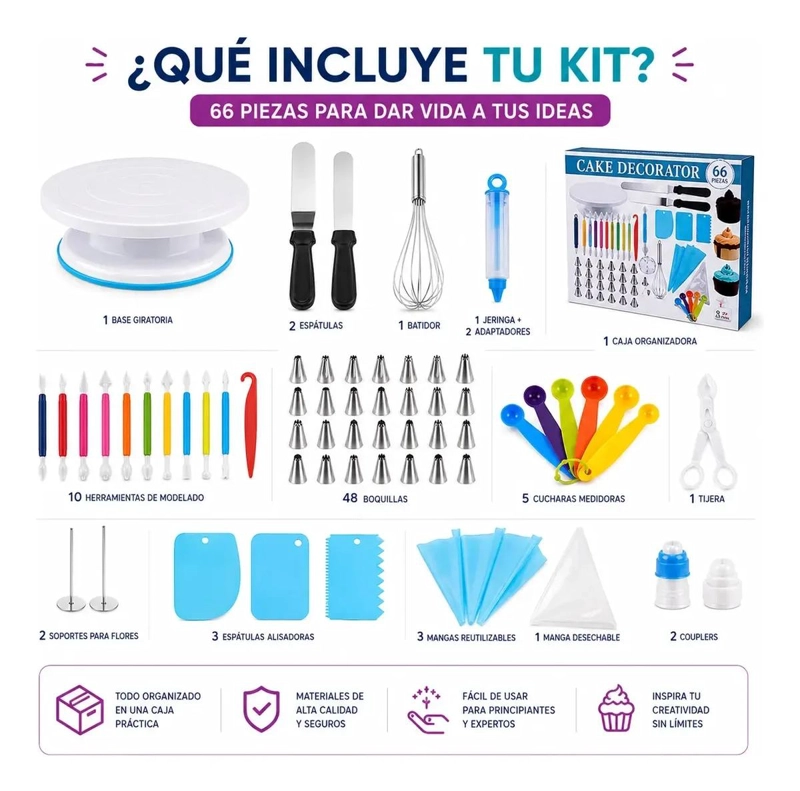 KIT DE DECORACION PARA PASTELES CON 66 PIEZAS PARA TORTAS Y POSTRES - 3