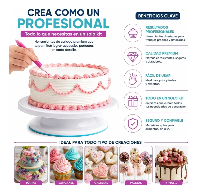 KIT DE DECORACION PARA PASTELES CON 66 PIEZAS PARA TORTAS Y POSTRES - 5