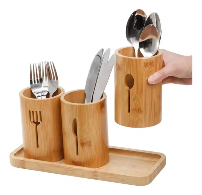 SET DE SOPORTE PARA CUBIERTOS Y UTENSILIOS DE COCINA CON BANDEJA DE BAMBU - 1