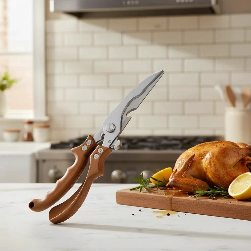 TIJERA PARA CORTAR POLLO CON MANGO ERGONOMICO COLOR CAFE - 3