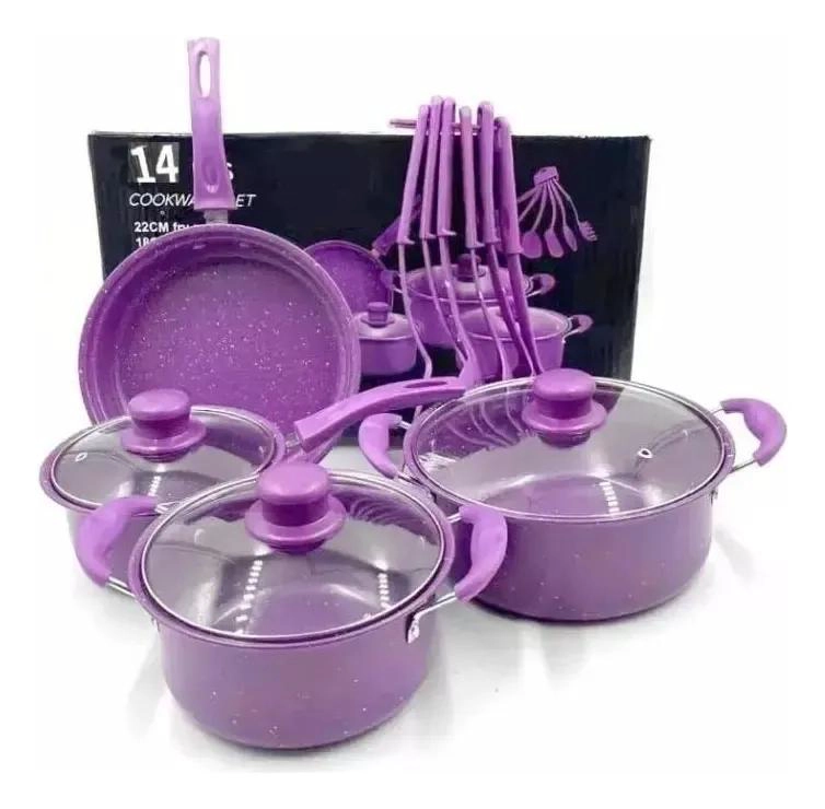 JUEGO DE OLLAS ANTIADHERENTES CON UTENSILIOS DE COCINA 14 PIEZAS COLOR MORADO - 1