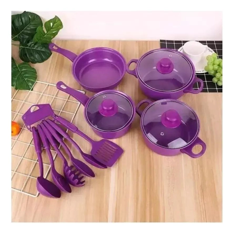 JUEGO DE OLLAS ANTIADHERENTES CON UTENSILIOS DE COCINA 14 PIEZAS COLOR MORADO - 2