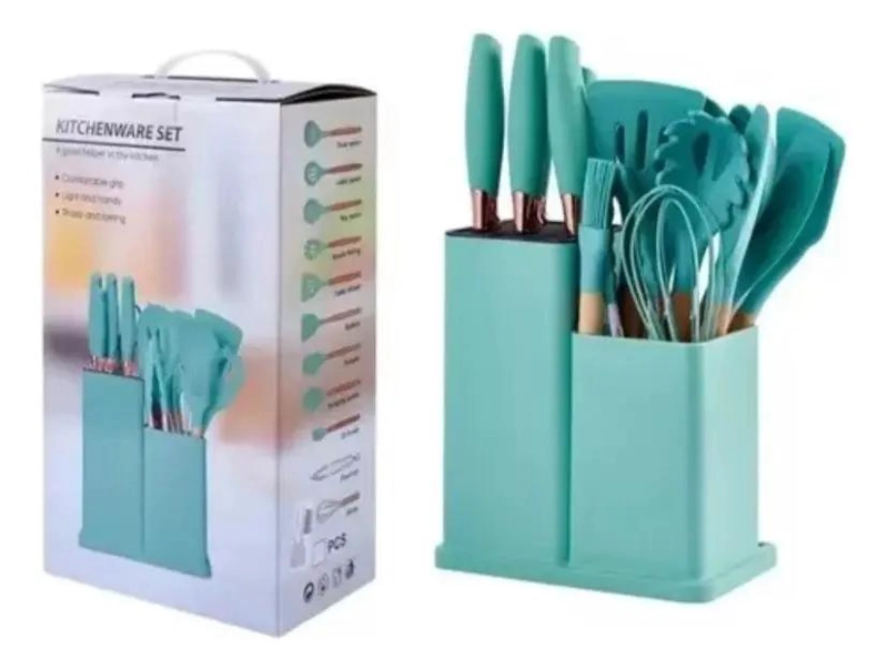 SET COMPLETO DE 17 UTENSILIOS DE COCINA DE SILICONA CON TABLA COLOR TURQUESA - 1