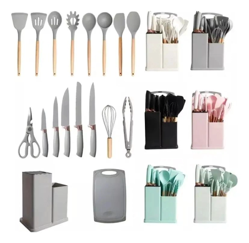SET COMPLETO DE 17 UTENSILIOS DE COCINA DE SILICONA CON TABLA COLOR TURQUESA - 2