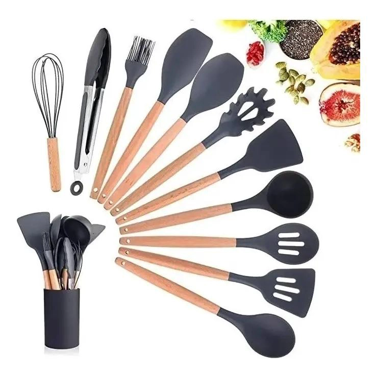 UTENSILIOS DE COCINA CON SILICONA Y MADERA PARA COCINAR Y SERVIR - 1