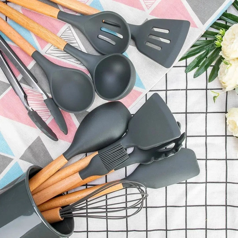 UTENSILIOS DE COCINA CON SILICONA Y MADERA PARA COCINAR Y SERVIR - 3