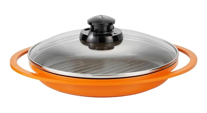 GRILL CON TAPA DE 26 CM COLOR NARANJA PARA COCINA - 1