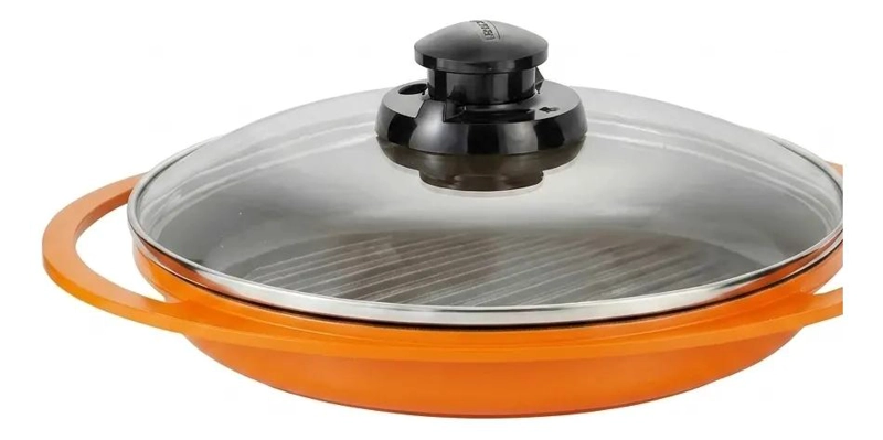 GRILL CON TAPA DE 26 CM COLOR NARANJA PARA COCINA - 4