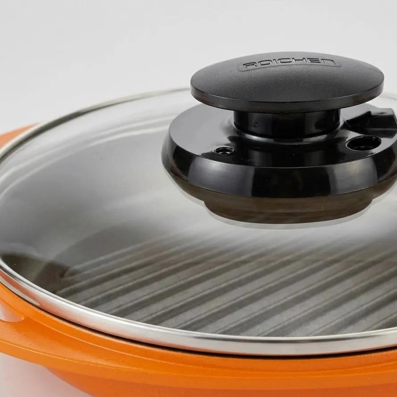 GRILL CON TAPA DE 26 CM COLOR NARANJA PARA COCINA - 5