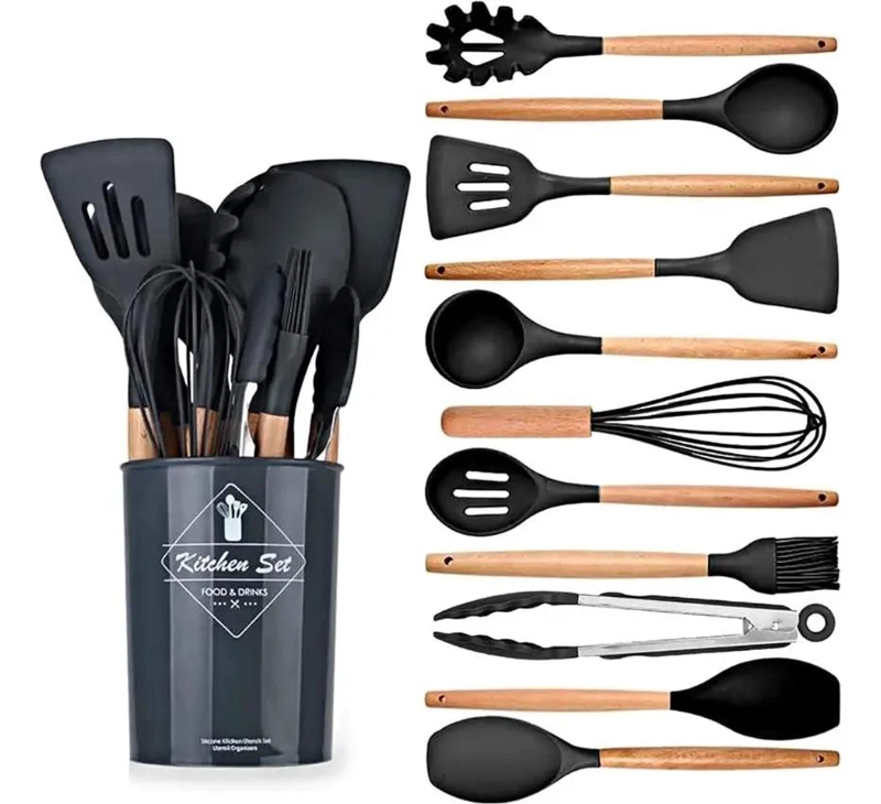 SET DE 12 UTENSILIOS DE SILICONA RESISTENTES AL CALOR COLOR NEGRO - 1