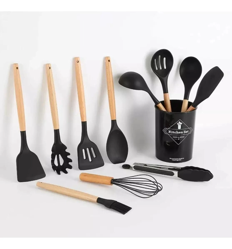 SET DE 12 UTENSILIOS DE SILICONA RESISTENTES AL CALOR COLOR NEGRO - 4