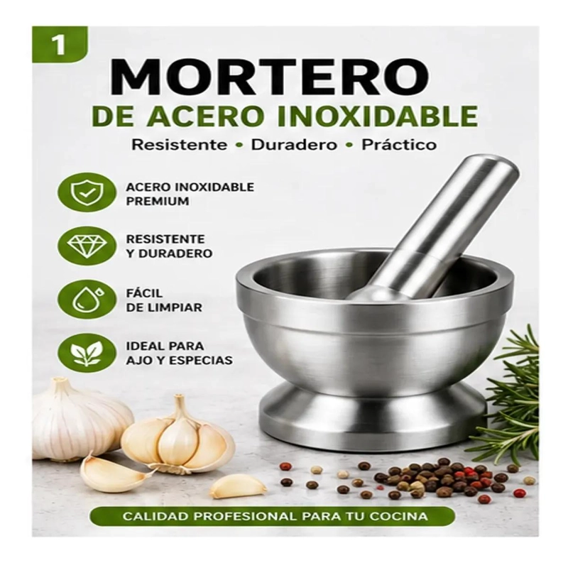 MORTERO DE ACERO INOXIDABLE CON MANO PARA MOLER INGREDIENTES - 2