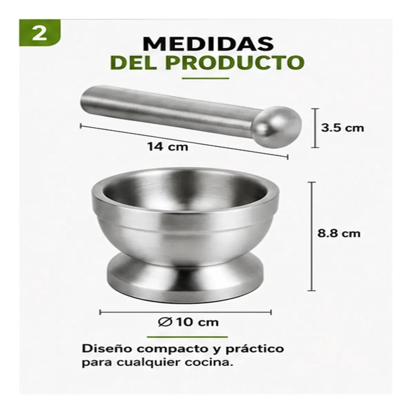 MORTERO DE ACERO INOXIDABLE CON MANO PARA MOLER INGREDIENTES - 3
