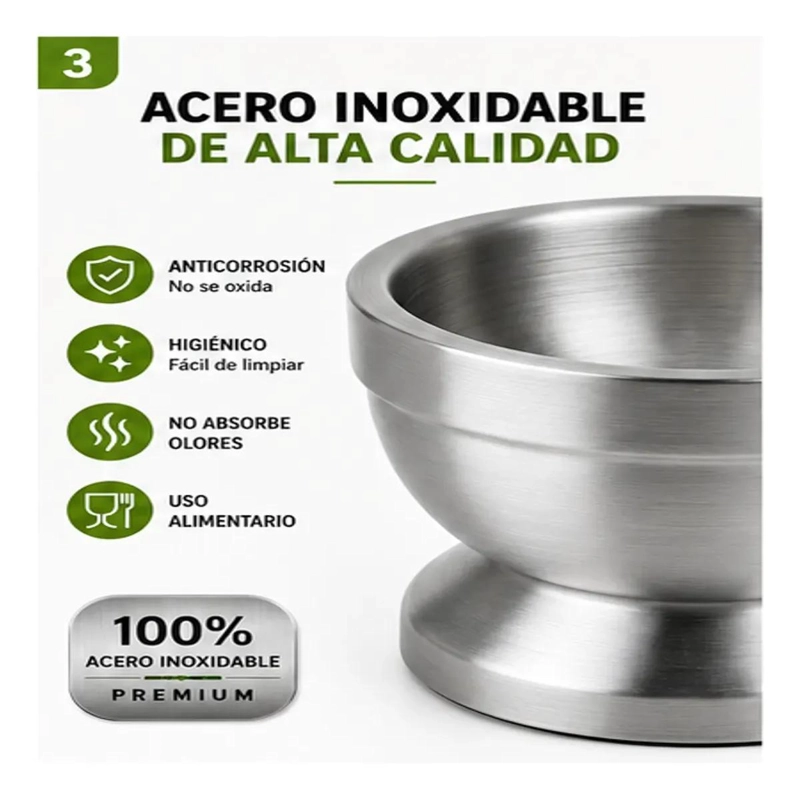 MORTERO DE ACERO INOXIDABLE CON MANO PARA MOLER INGREDIENTES - 4