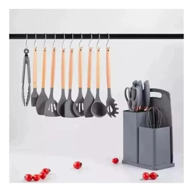 JUEGO DE UTENSILIOS DE COCINA DE SILICONA CON SOPORTE DE MADERA - 4