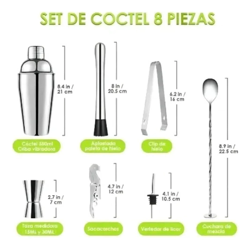 JUEGO PROFESIONAL DE COCTELERA DE ACERO INOXIDABLE CON 8 PIEZAS PARA BAR - 2