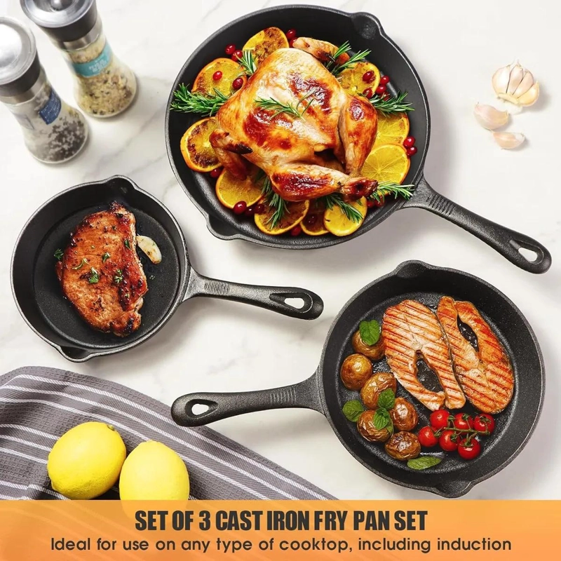 JUEGO DE 3 SARTENES DE HIERRO FUNDIDO COLOR NEGRO PARA COCINA - 5