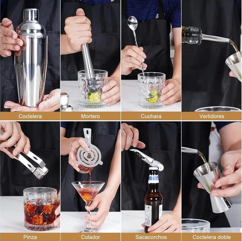 JUEGO DE UTENSILIOS PARA BARTENDER CON COCTELERA DE ACERO INOXIDABLE 750 ML Y 12 - 3