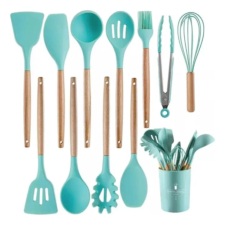 SET DE UTENSILIOS DE COCINA DE SILICONA CON 12 PIEZAS COLOR CELESTE - 1