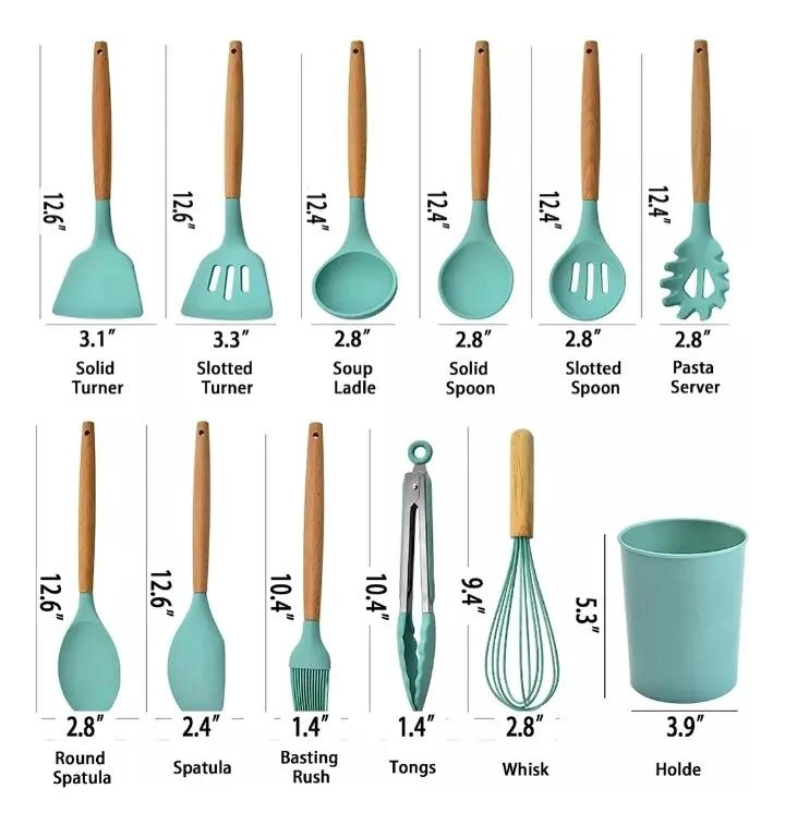 SET DE UTENSILIOS DE COCINA DE SILICONA CON 12 PIEZAS COLOR CELESTE - 2