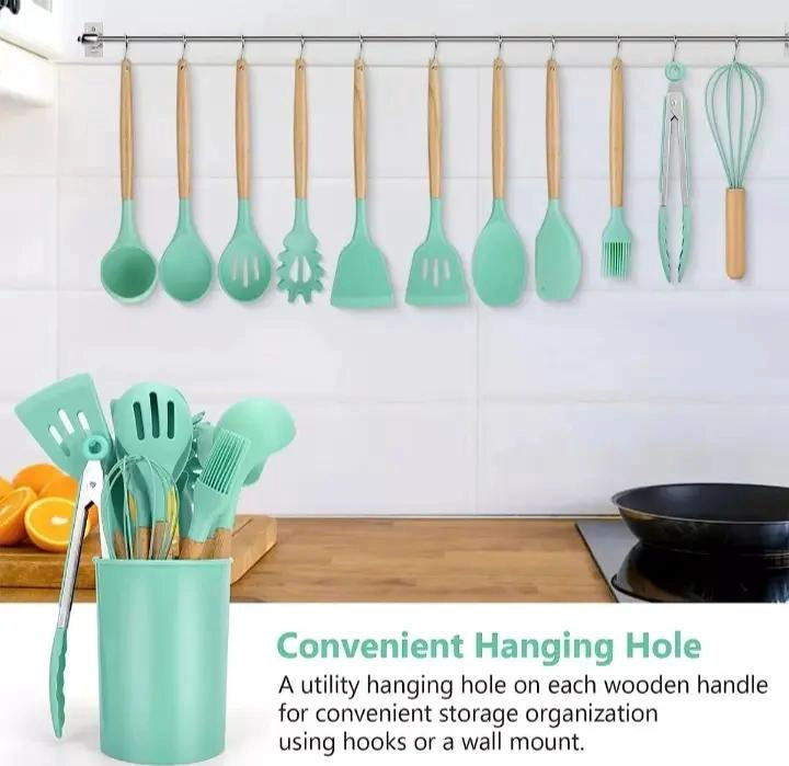 SET DE UTENSILIOS DE COCINA DE SILICONA CON 12 PIEZAS COLOR CELESTE - 4