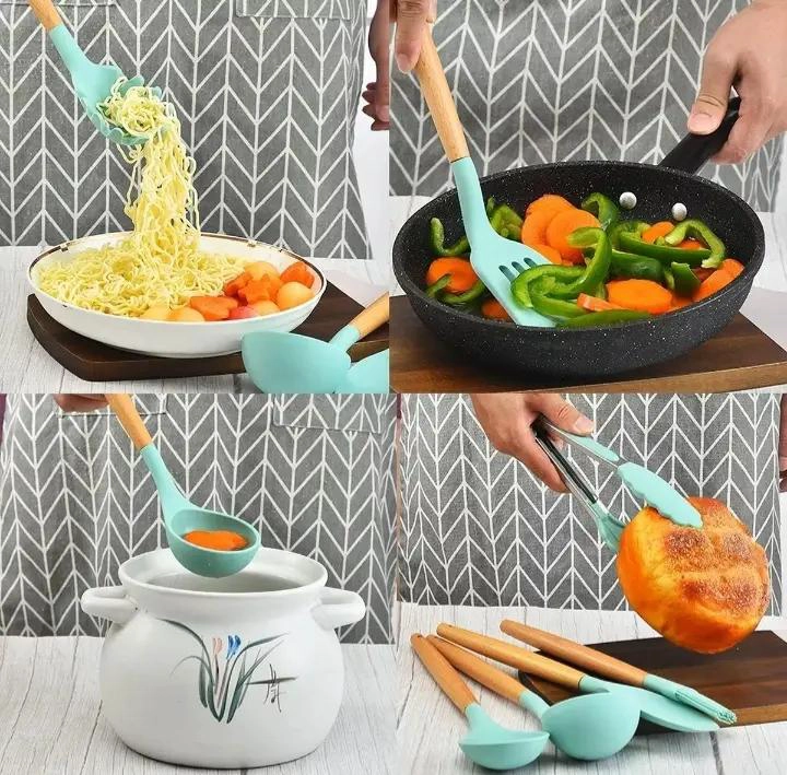 SET DE UTENSILIOS DE COCINA DE SILICONA CON 12 PIEZAS COLOR CELESTE - 5