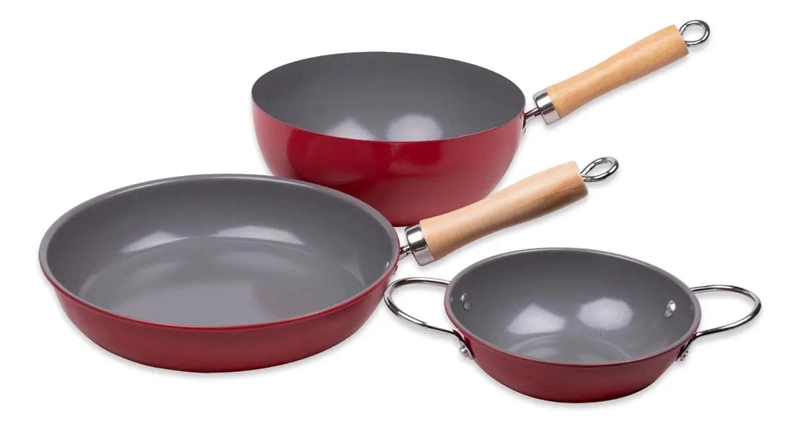 SET DE COCINA CON PAILA, SARTE N Y WOK DE 1 LITRO EN COLOR ROJO - 1