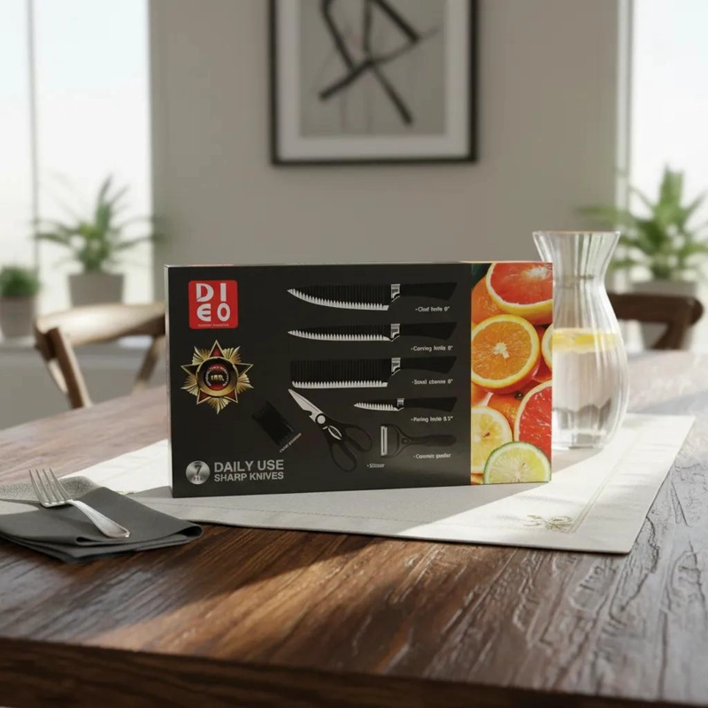 SET DE 6 CUCHILLOS PARA COCINA CON MANGO ERGONOMICO NEGRO - 1