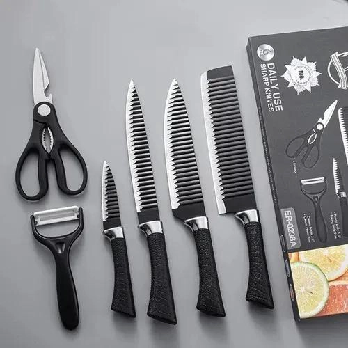 SET DE 6 CUCHILLOS PARA COCINA CON MANGO ERGONOMICO NEGRO - 2