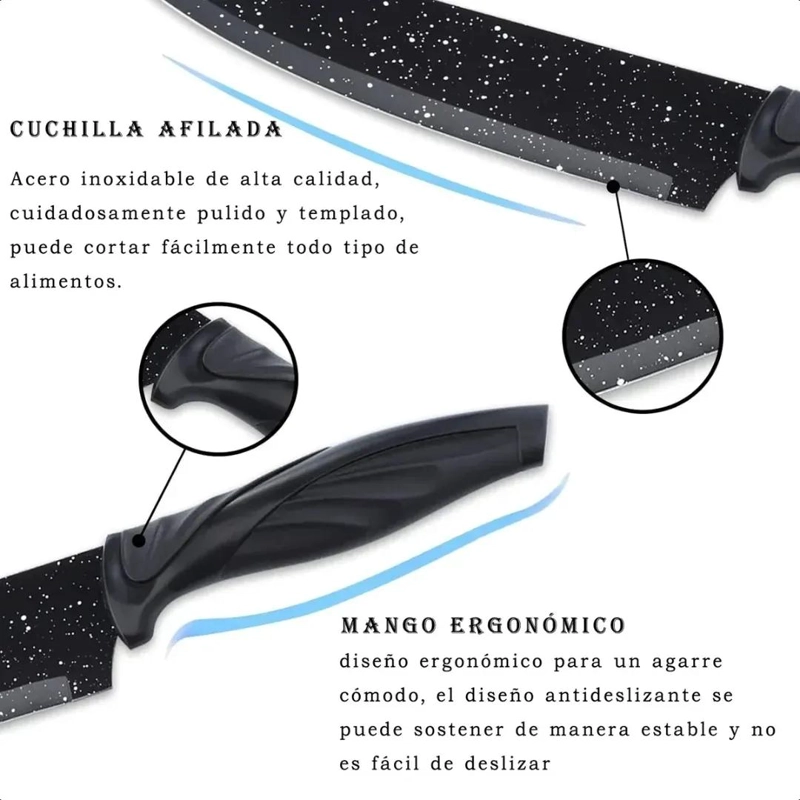 SET DE 6 CUCHILLOS PARA COCINA CON MANGO ERGONOMICO NEGRO - 3