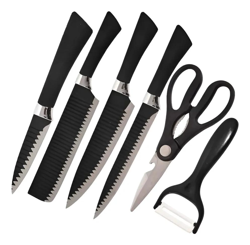 SET DE 6 CUCHILLOS PARA COCINA CON MANGO ERGONOMICO NEGRO - 4