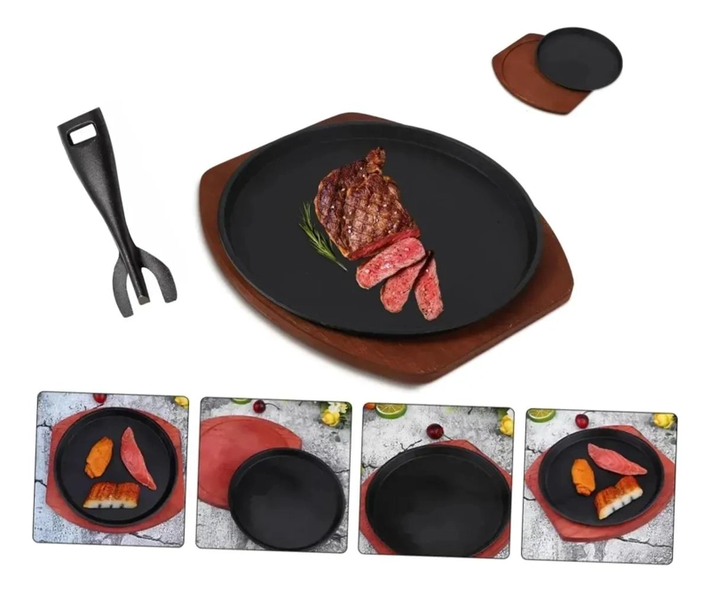 SET DE 2 PLANCHAS DE FIERRO FUNDIDO CON BASE DE MADERA Y PINZA - 1