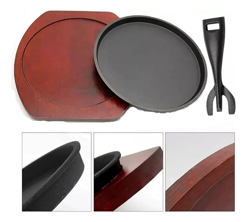 SET DE 2 PLANCHAS DE FIERRO FUNDIDO CON BASE DE MADERA Y PINZA - 5