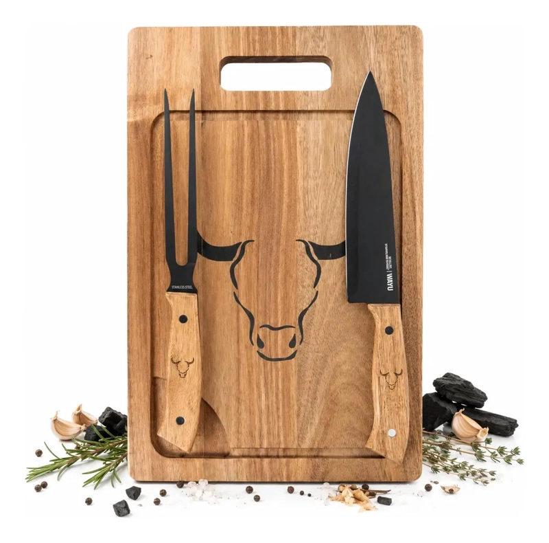 SET PARRILLERO CON TABLA DE MADERA DE ACACIA Y CUCHILLO DE ALTA CALIDAD - 1