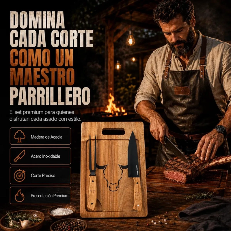 SET PARRILLERO CON TABLA DE MADERA DE ACACIA Y CUCHILLO DE ALTA CALIDAD - 2