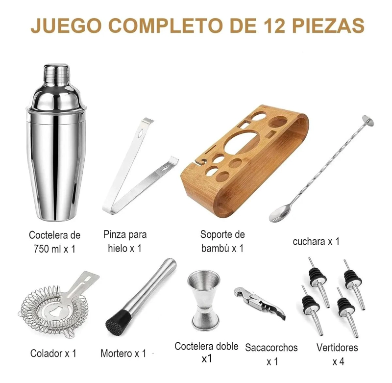 SET COMPLETO DE UTENSILIOS PARA COCTELERIA CON COCTELERA DE 750 ML Y 12 PIEZAS - 2