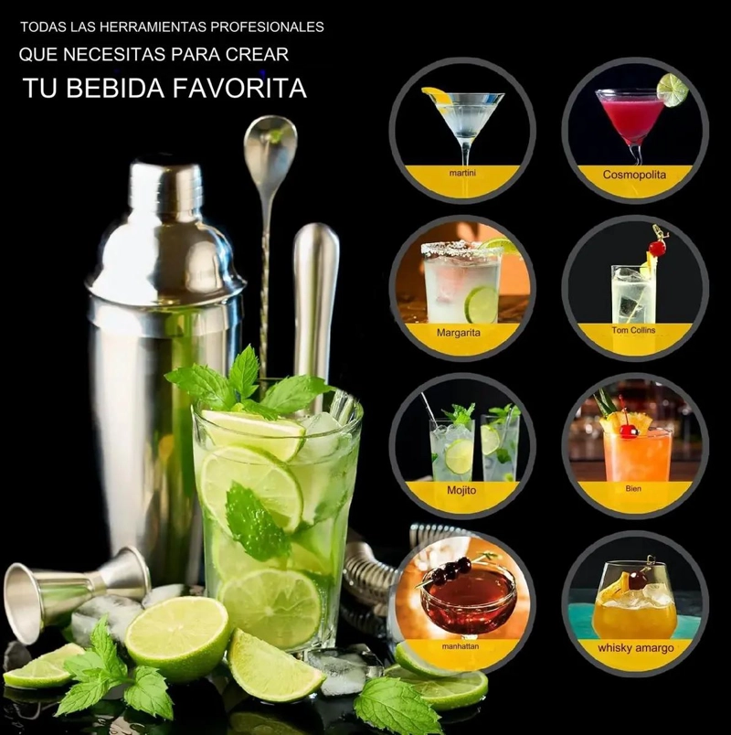SET COMPLETO DE UTENSILIOS PARA COCTELERIA CON COCTELERA DE 750 ML Y 12 PIEZAS - 3