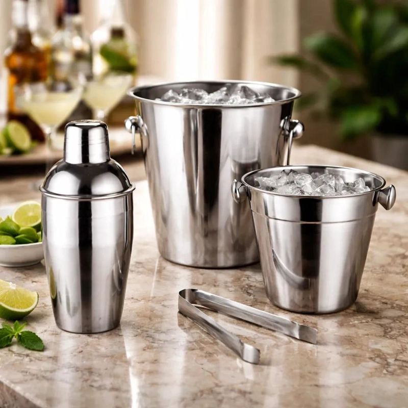 SET DE COCTELERIA CON COCTELERA Y HIELERAS DE ACERO INOXIDABLE - 2