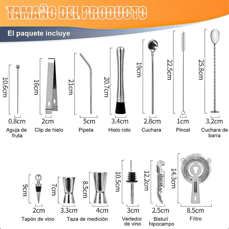 KIT PROFESIONAL DE COCTELERIA CON 22 PIEZAS PARA PREPARAR BEBIDAS - 4