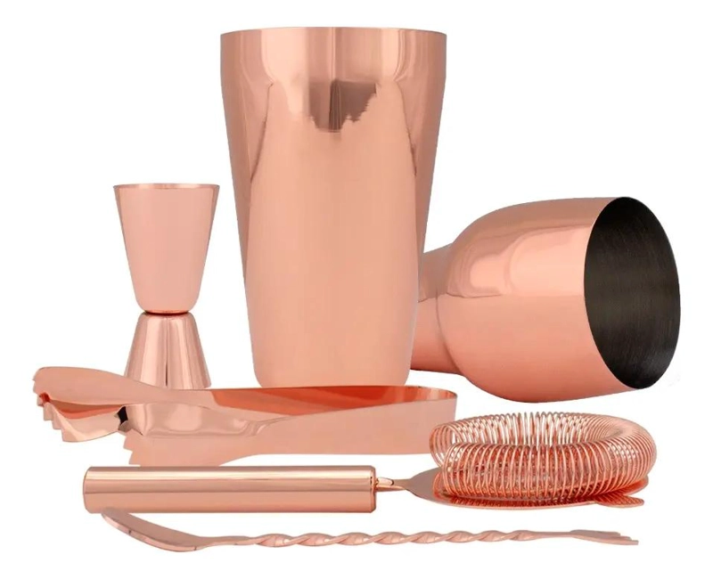 SET DE COCTEL METALICO COLOR COBRE 5 PIEZAS ACERO INOXIDABLE - 1