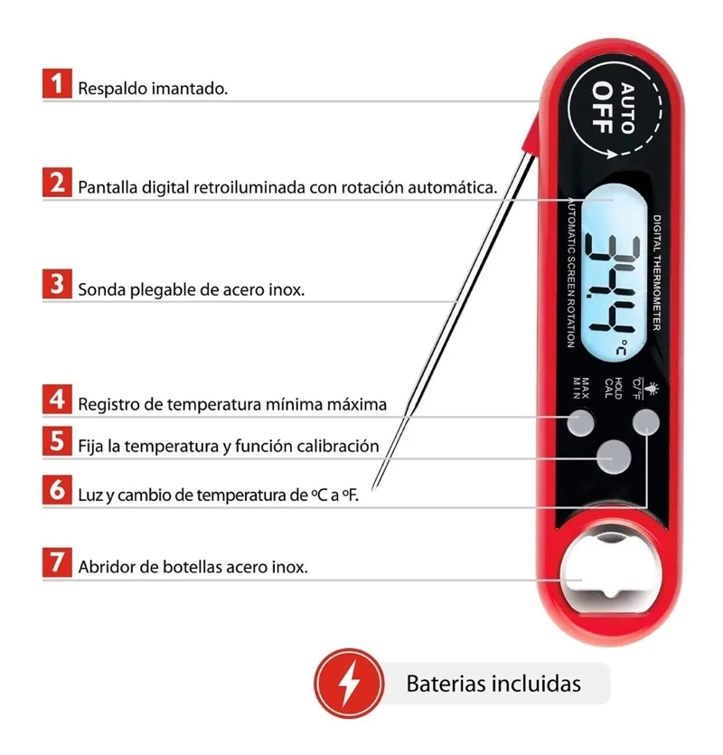 TERMOMETRO DIGITAL PLEGABLE PARA COCINA CON PANTALLA CLARA - 2
