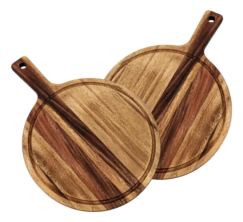 SET DE 2 TABLAS REDONDAS DE MADERA MULTIUSO CON BASE PARA CALOR Y PICOTEO - 1