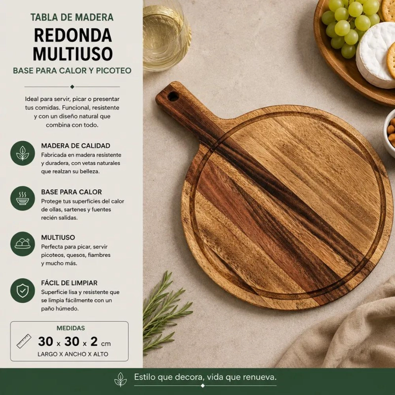 SET DE 2 TABLAS REDONDAS DE MADERA MULTIUSO CON BASE PARA CALOR Y PICOTEO - 5