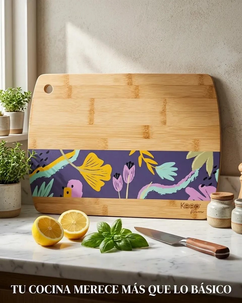 TABLA DE CORTAR DE BAMBU CON DISEÑO FLORAL PARA COCINA 23X33 CM - 2