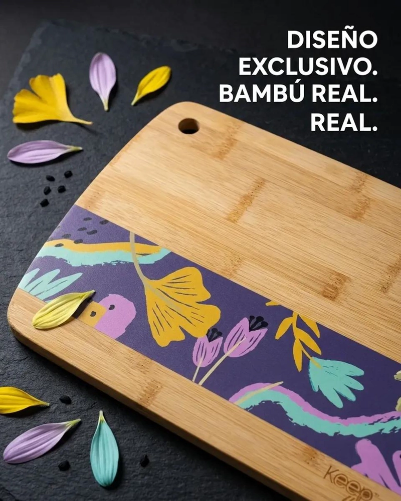 TABLA DE CORTAR DE BAMBU CON DISEÑO FLORAL PARA COCINA 23X33 CM - 3
