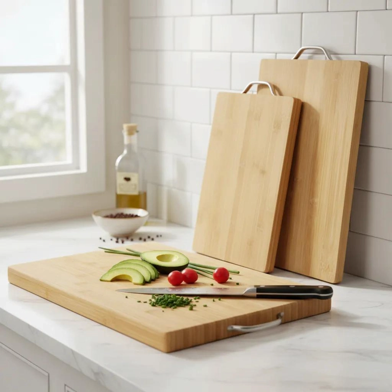 SET DE 3 TABLAS DE PICAR DE BAMBU CON MANGO METALICO 22X32 CM - 1