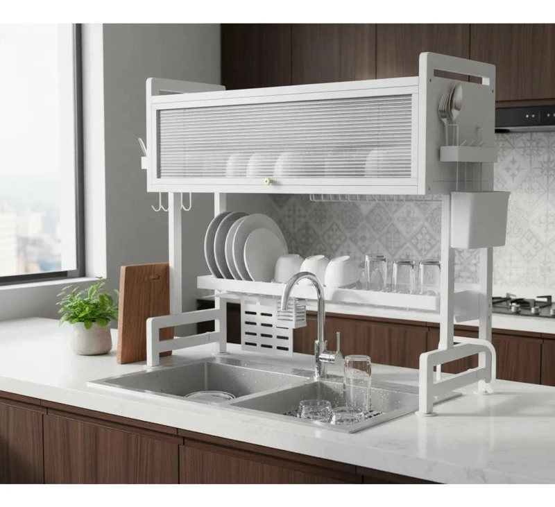 ESCURRIDOR DE PLATOS Y UTENSILIOS CON PORTA TABLA COLOR BLANCO - 1